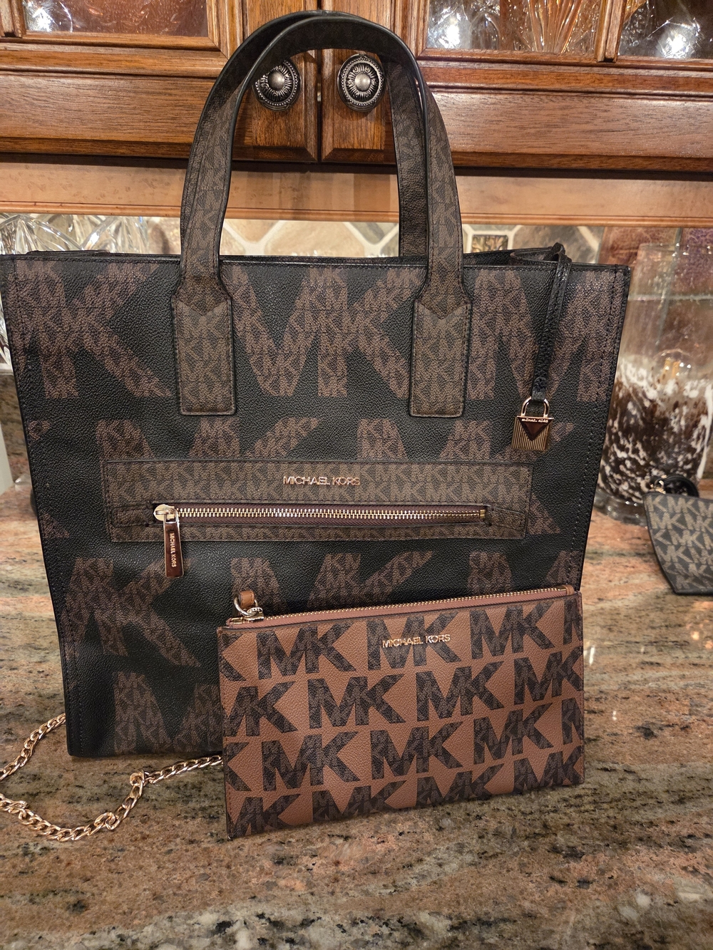 Michael Kors Brown/Black MK Logo Bag with Matching Wristlet